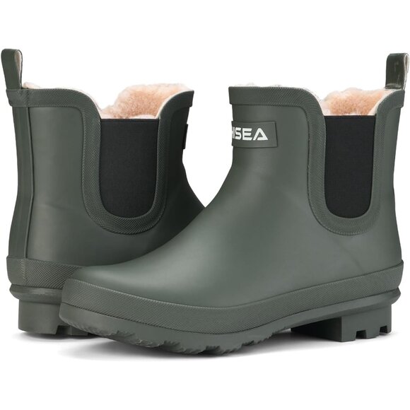 ⚡Women's Green Pull On Plush Rain Ankle Snow Boots Waterproof Chelsea Rubber - Picture 2 of 7
